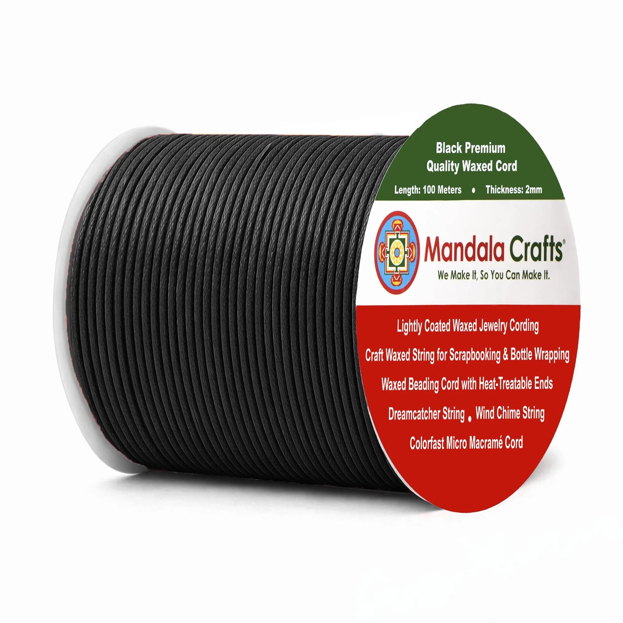 Mandala Crafts Black Waxed Cotton Cord 2mm Diameter 109 Yards | Durable Jewelry Making Thread for Bracelets & Necklaces - main product image