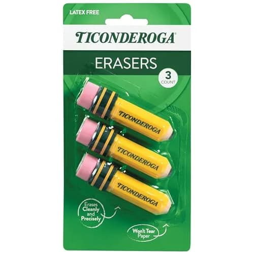 Ticonderoga Pencil Shaped Erasers, Yellow, 3 Count | Smudge-Resistant & Non-Toxic thumbnail 1