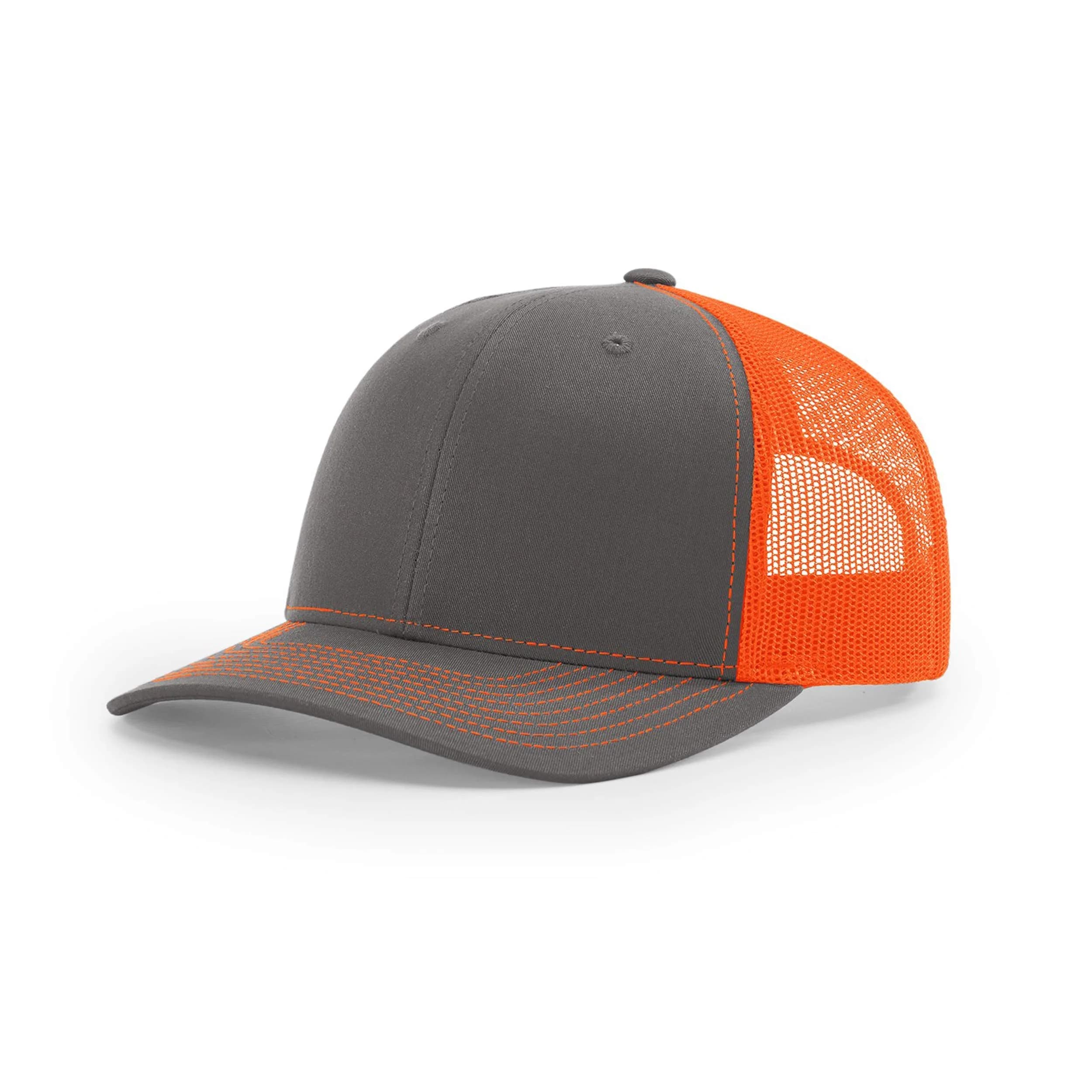 R RICHARDSON Unisex 112 Trucker Cap Heather Grey/Black | Adjustable Snapback Baseball Hat — Charcoal/Neon Orange / One Size