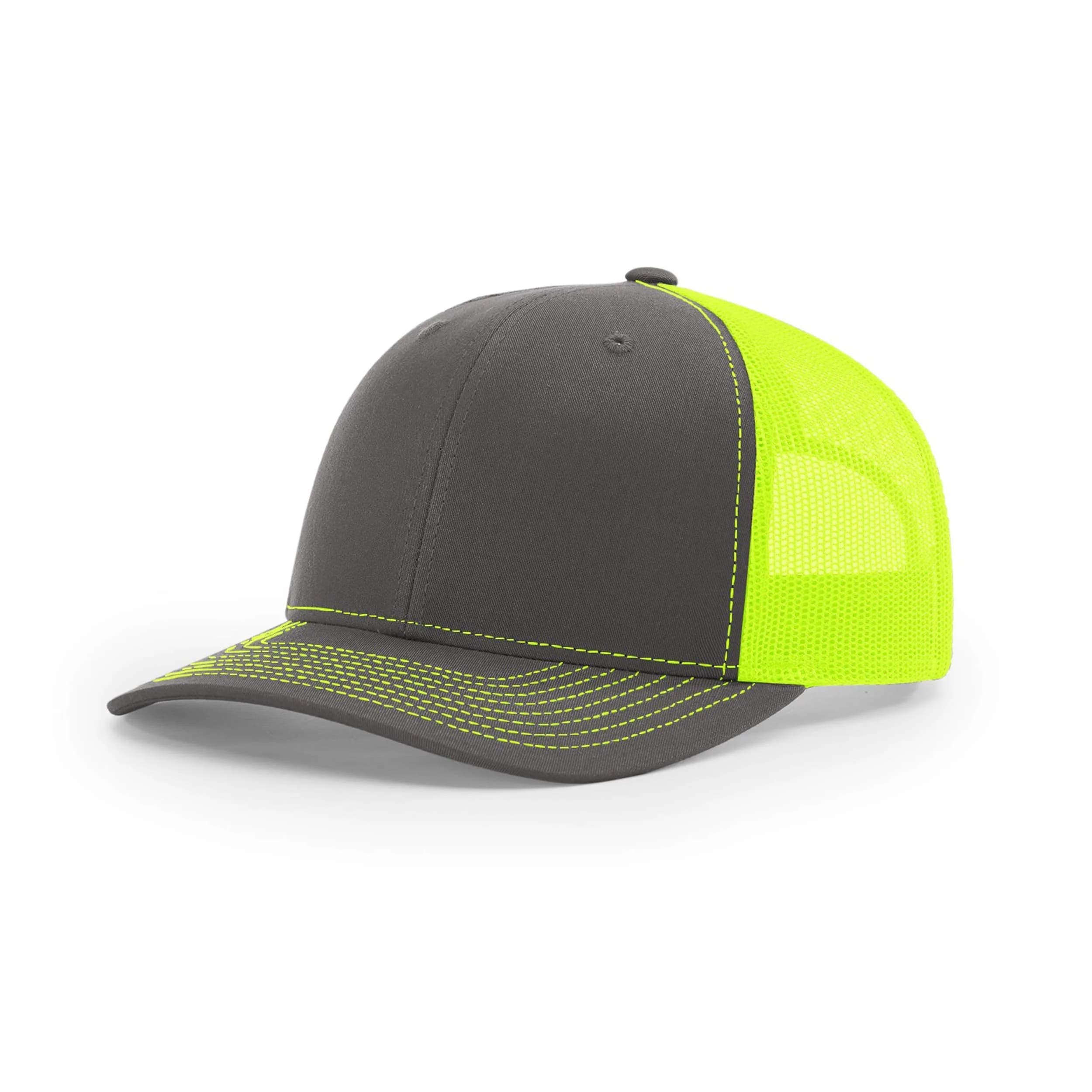 R RICHARDSON Unisex 112 Trucker Cap Heather Grey/Black | Adjustable Snapback Baseball Hat — Charcoal/Neon Yellow / One Size