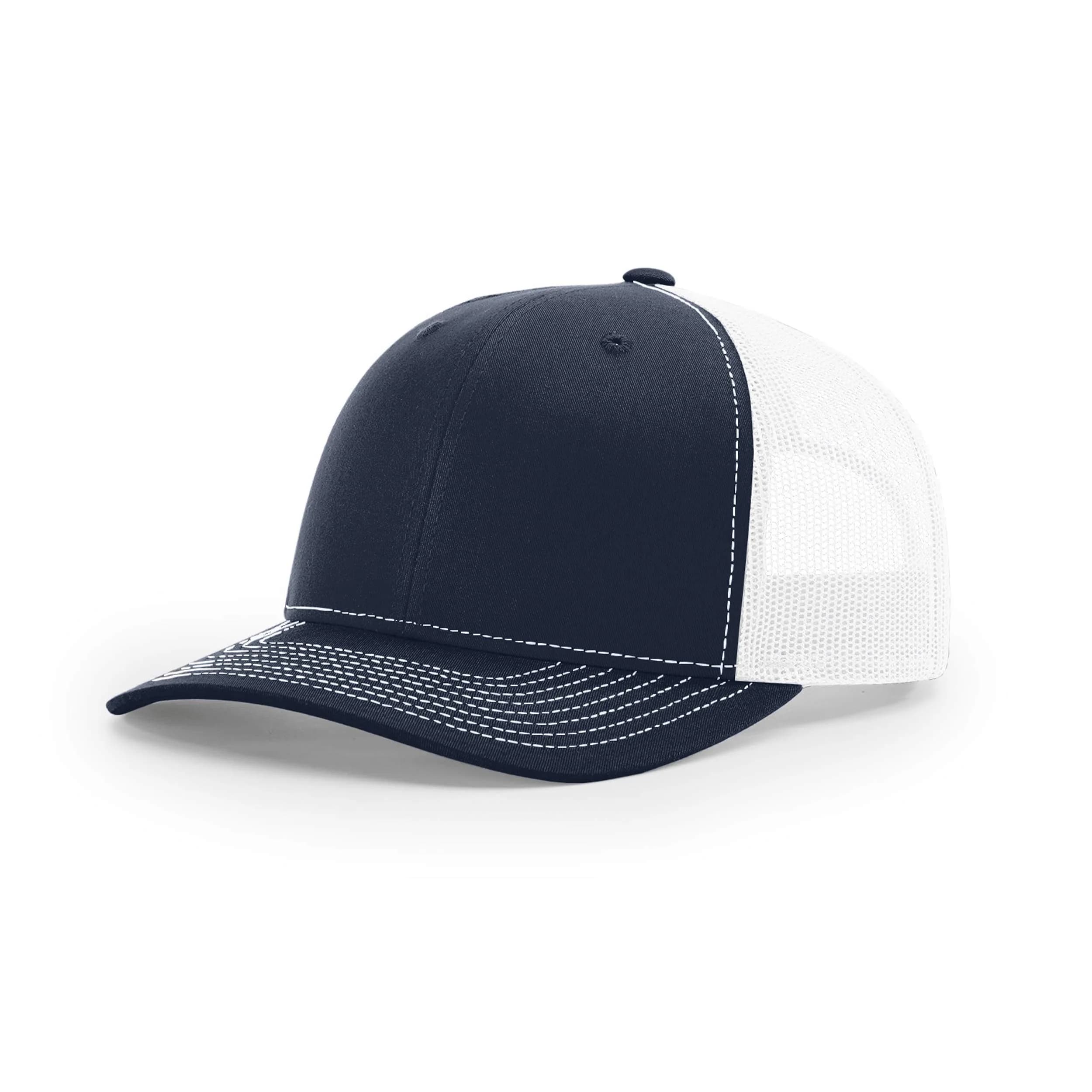 Richardson Unisex 112 Trucker Adjustable Snapback Baseball Cap, Split Navy/White, One Size (5-7.5cm Brim) | Classic Design, Breathable Mesh Backing — Navy/White