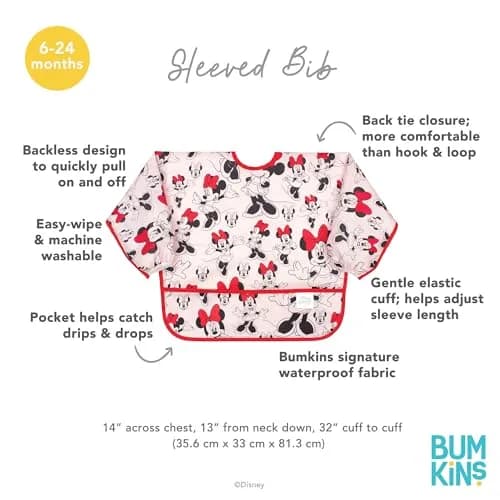 Bumkins Disney Minnie Mouse Classic Long Sleeve Bib 6-24 Months | Waterproof Fabric with Crumb Catcher thumbnail 5