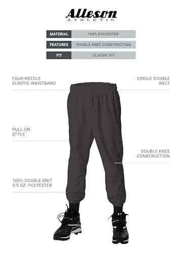 Alleson Athletic Mens Pull-On Baseball Pant, Black, Medium | Durable Polyester, Moisture-Wicking Fit thumbnail 2