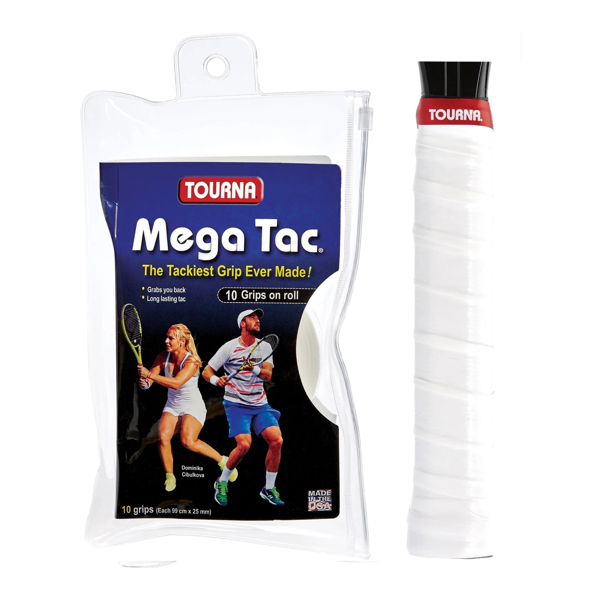 Tourna Mega Tac Extra Tacky Overgrip Black 10-Pack | Long-Lasting Tacky Feel for Tennis — White