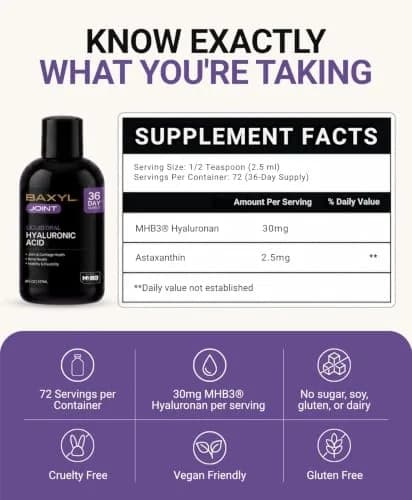 BAXYL Liquid Hyaluronic Acid Supplement for Joint & Skin, 6 Oz | Fast Absorbing, Vegan, Gluten-Free thumbnail 3