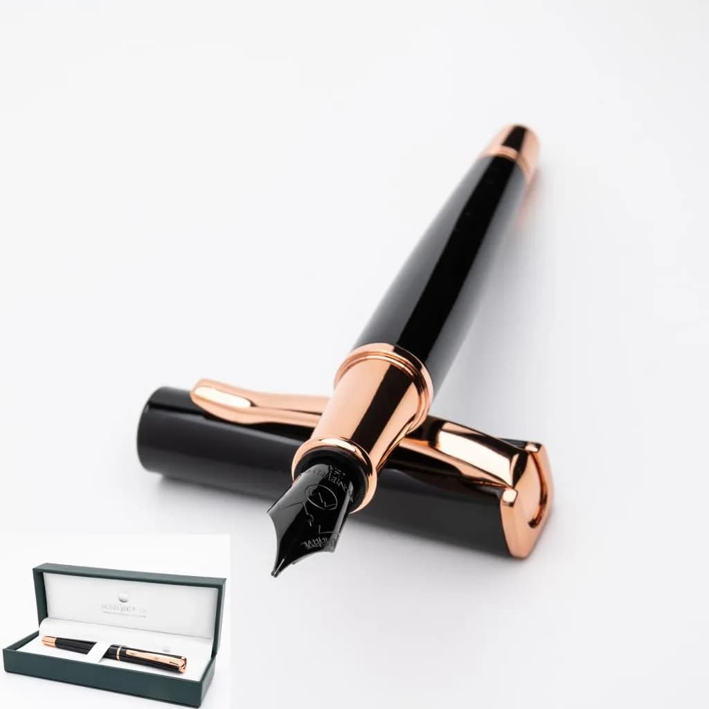 Monteverde Impressa Fountain Pen Gun Metal with Red Trim - Fine Point - JoWo German Nib (5.5 inches) — Black/Rose Gold Trim / Fine Nib