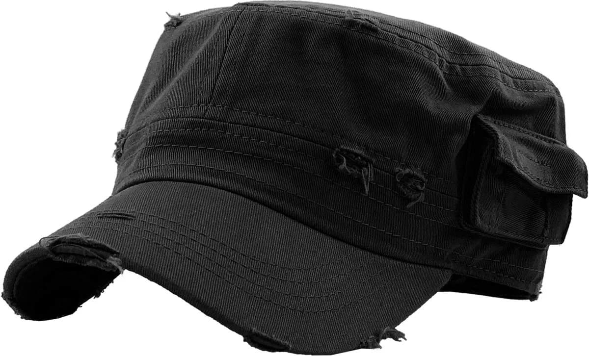 KBETHOS KBK-1464 BLK L Cadet Army Cap Basic Everyday Military Style Hat (Now with STASH Pocket Version Available) | Classic Cotton Military Cap — Black Vintage With Pocket / X-Large