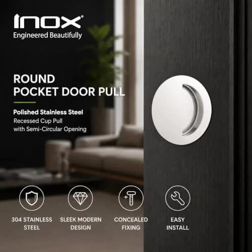 INOX FHIX02-32 Concealed Fixing Round Pocket/Cup Pull 3-9/16 inch | Polished Stainless Steel Handle thumbnail 8
