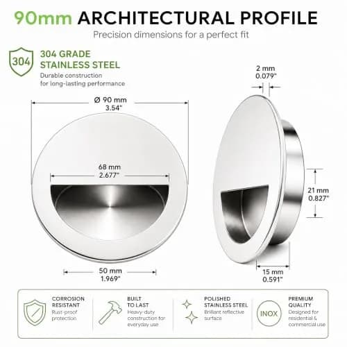 INOX FHIX02-32 Concealed Fixing Round Pocket/Cup Pull 3-9/16 inch | Polished Stainless Steel Handle thumbnail 2