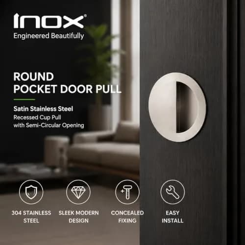 INOX Round Pocket Door Pull 90mm Satin Stainless Steel Recessed Cup Handle thumbnail 8
