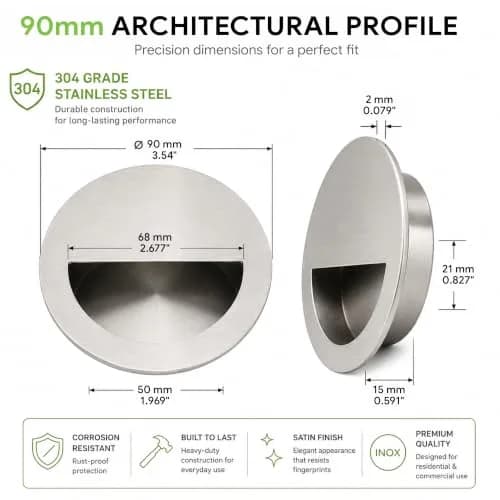 INOX Round Pocket Door Pull 90mm Satin Stainless Steel Recessed Cup Handle thumbnail 2