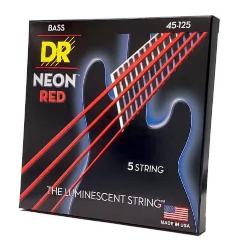 DR Strings NRB5-45 Hi-Def Neon Red K3 Coated Bass Guitar Strings - .045-.125 Medium 5-string | Bright neon color with remarkable sound thumbnail 1