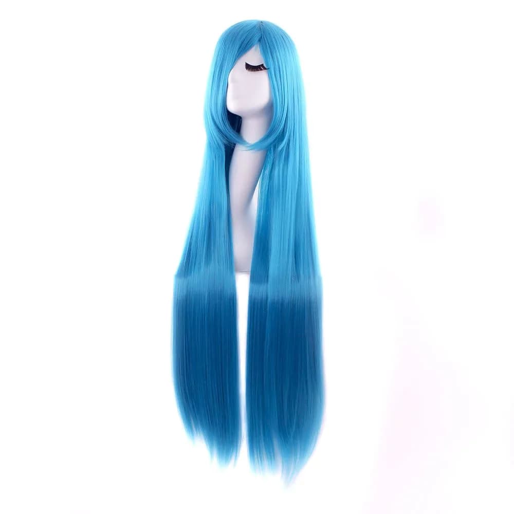 MapofBeauty 40 Inch Oblique Bangs Anime Long Straight Wig, Cyan Blue | 100cm Heat-Resistant Synthetic Hair