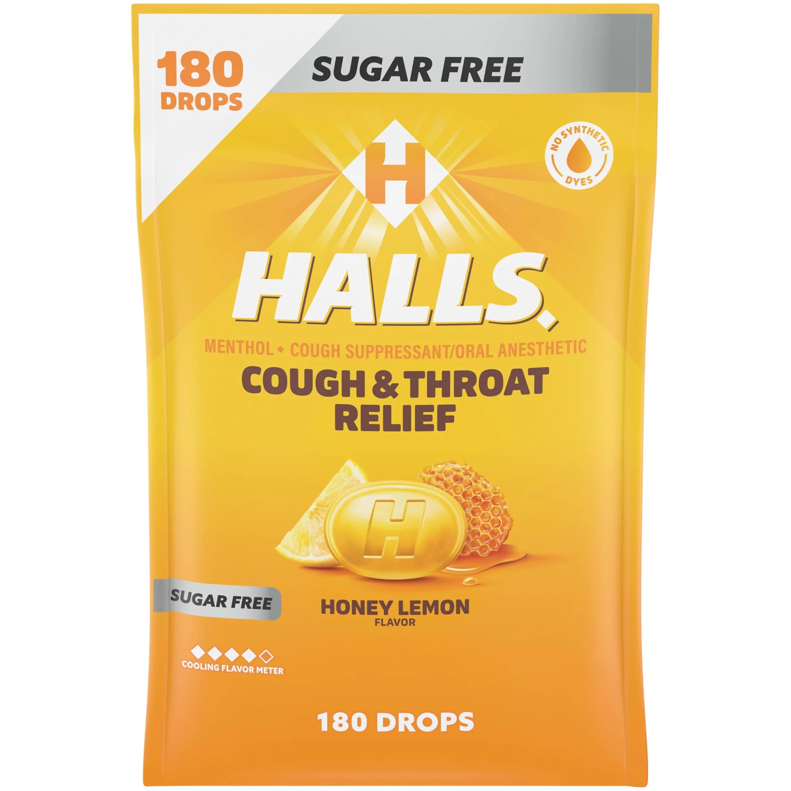 HALLS Cough & Throat Relief Honey Lemon Sugar Free Cough Drops 180 ct | Menthol 7.6mg per drop for Sore Throat & Cough