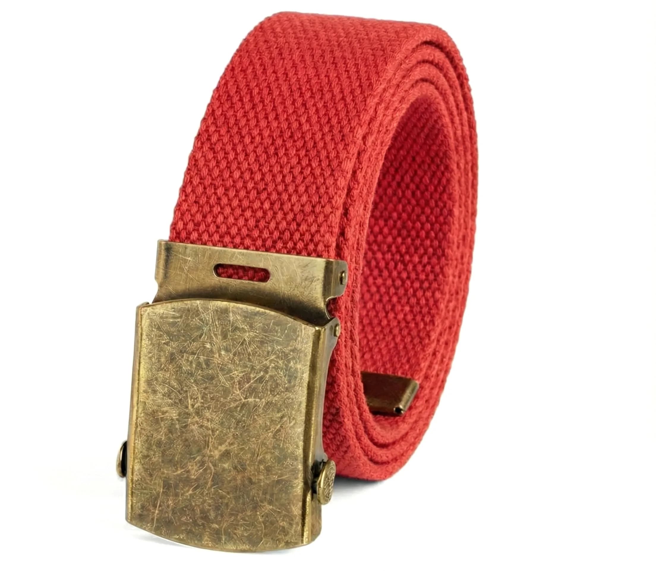 BC Belts Canvas Web Belt Military Style with Antique Brass Buckle 54" | Versatile Casual Accessory — Red