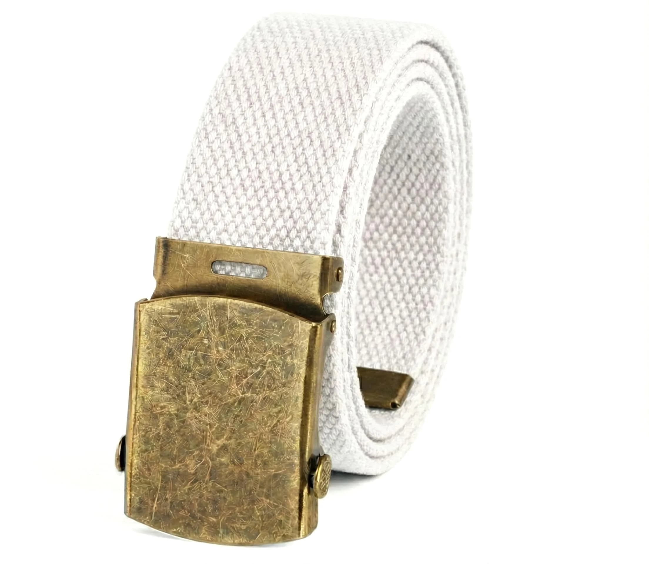BC Belts Canvas Web Belt Military Style with Antique Brass Buckle 54" | Versatile Casual Accessory — White