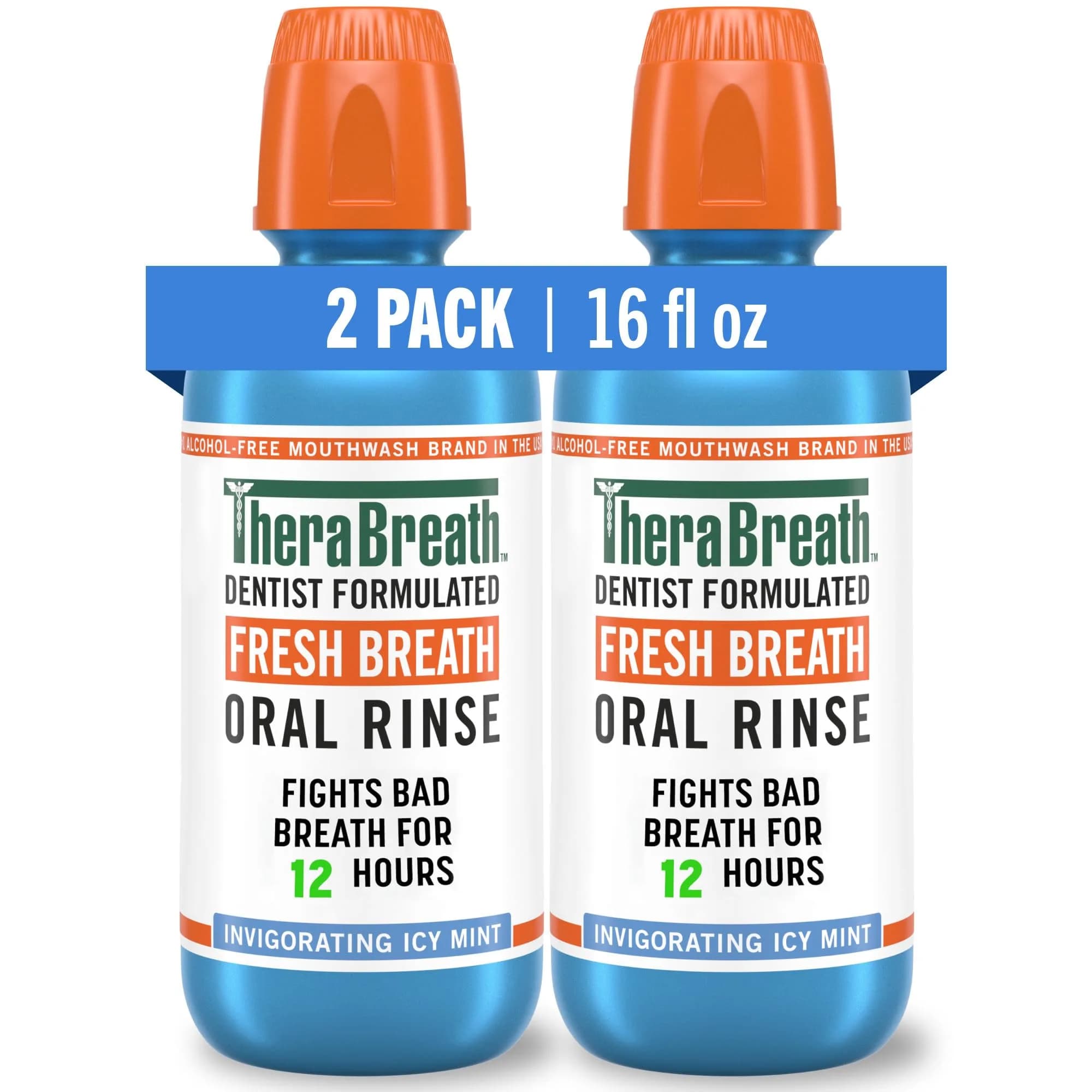 TheraBreath Mouthwash Icy Mint 16 Fl Oz | Alcohol-Free, Dentist-Formulated, 2-Pack - main product image