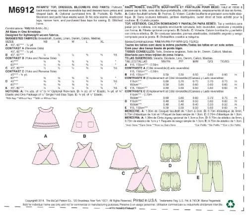 McCall M6912 Infants Reversible Top Dresses Bloomers and Pants Sewing Pattern YA5 (All Sizes In One Envelope) | Beginner Sewing Project Kit thumbnail 2