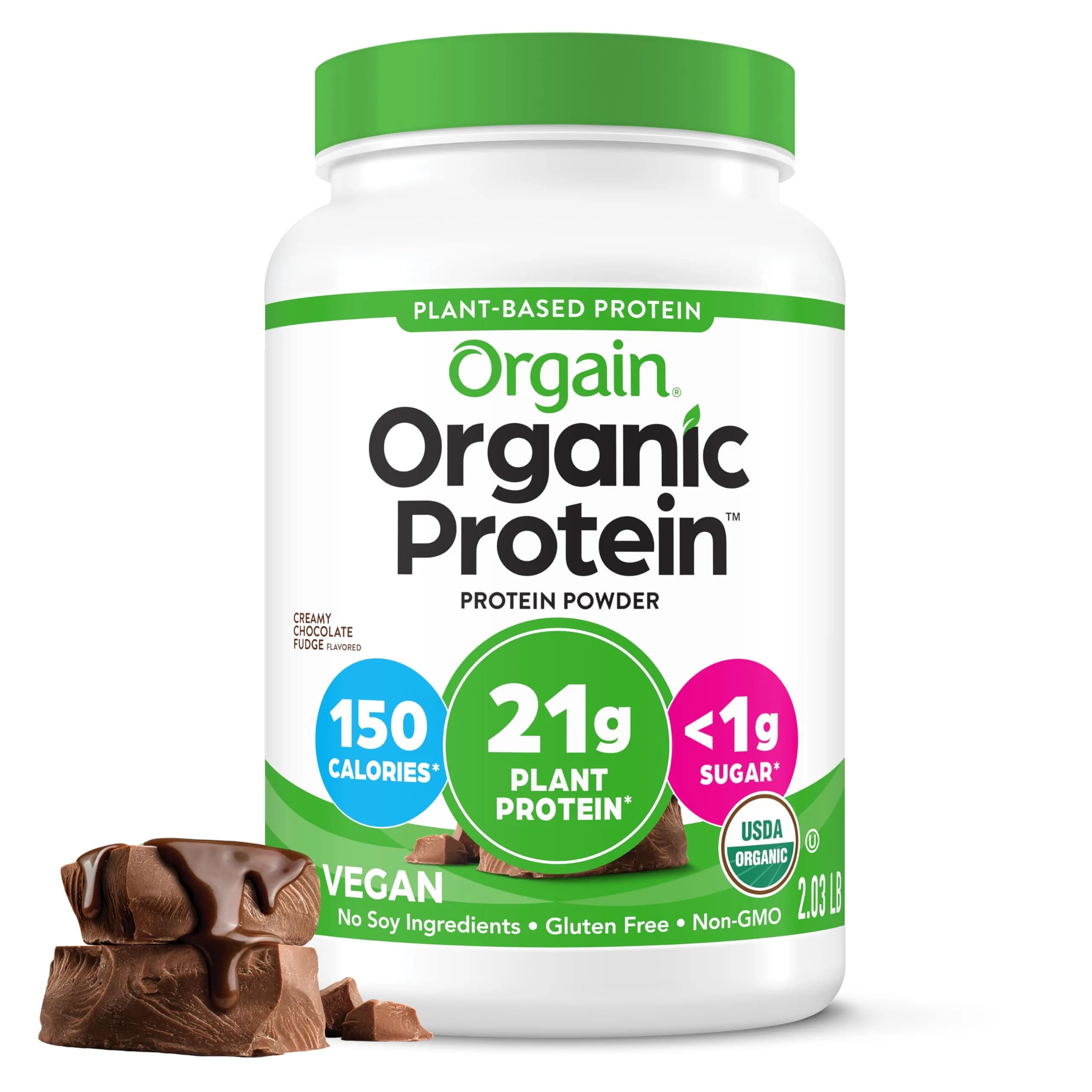 Orgain Creamy Chocolate Fudge protein powder tub Plant 20 servings
