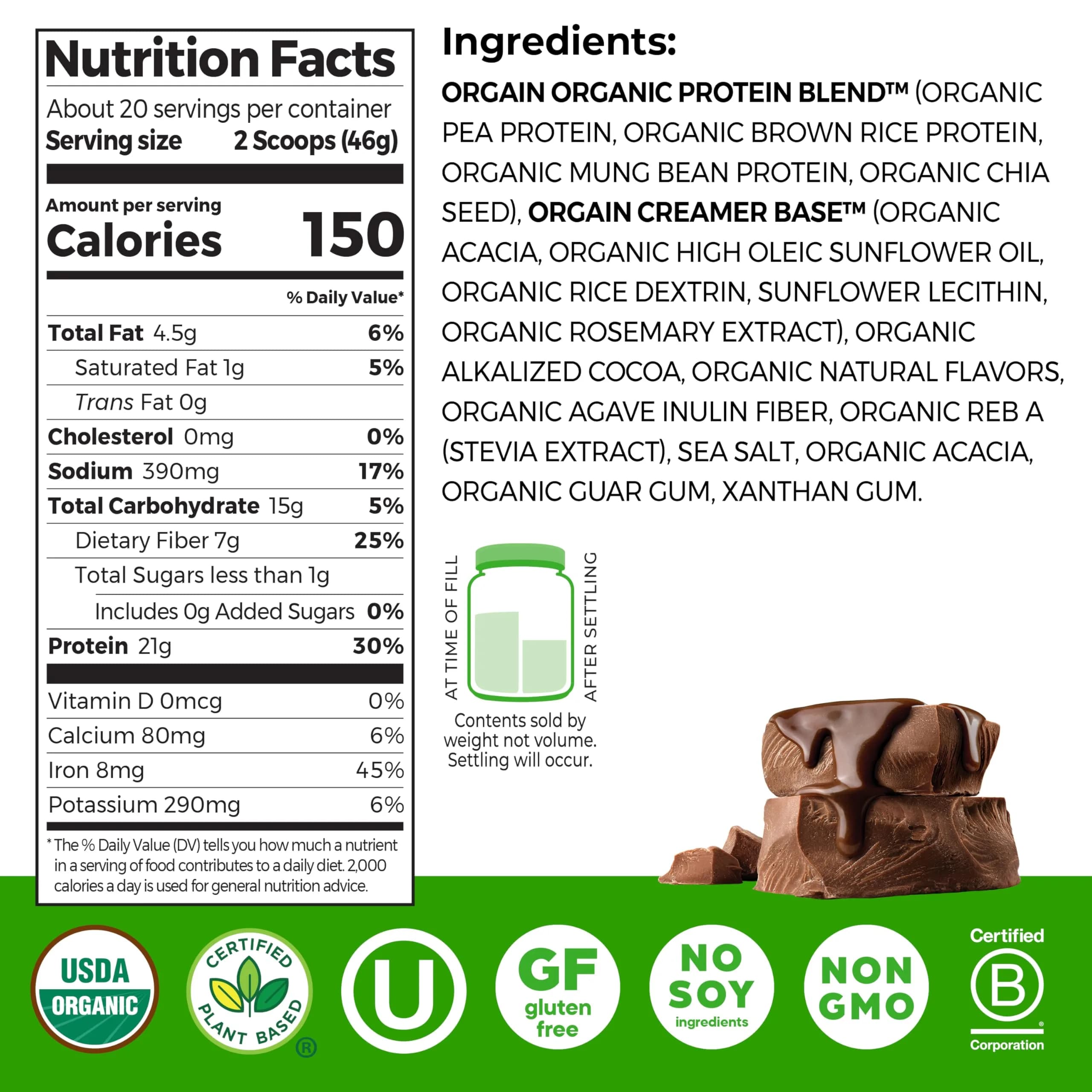Orgain Organic Vegan Protein Powder Creamy Chocolate Fudge 2.03 lb | 21g Plant Protein Per Serving thumbnail 2