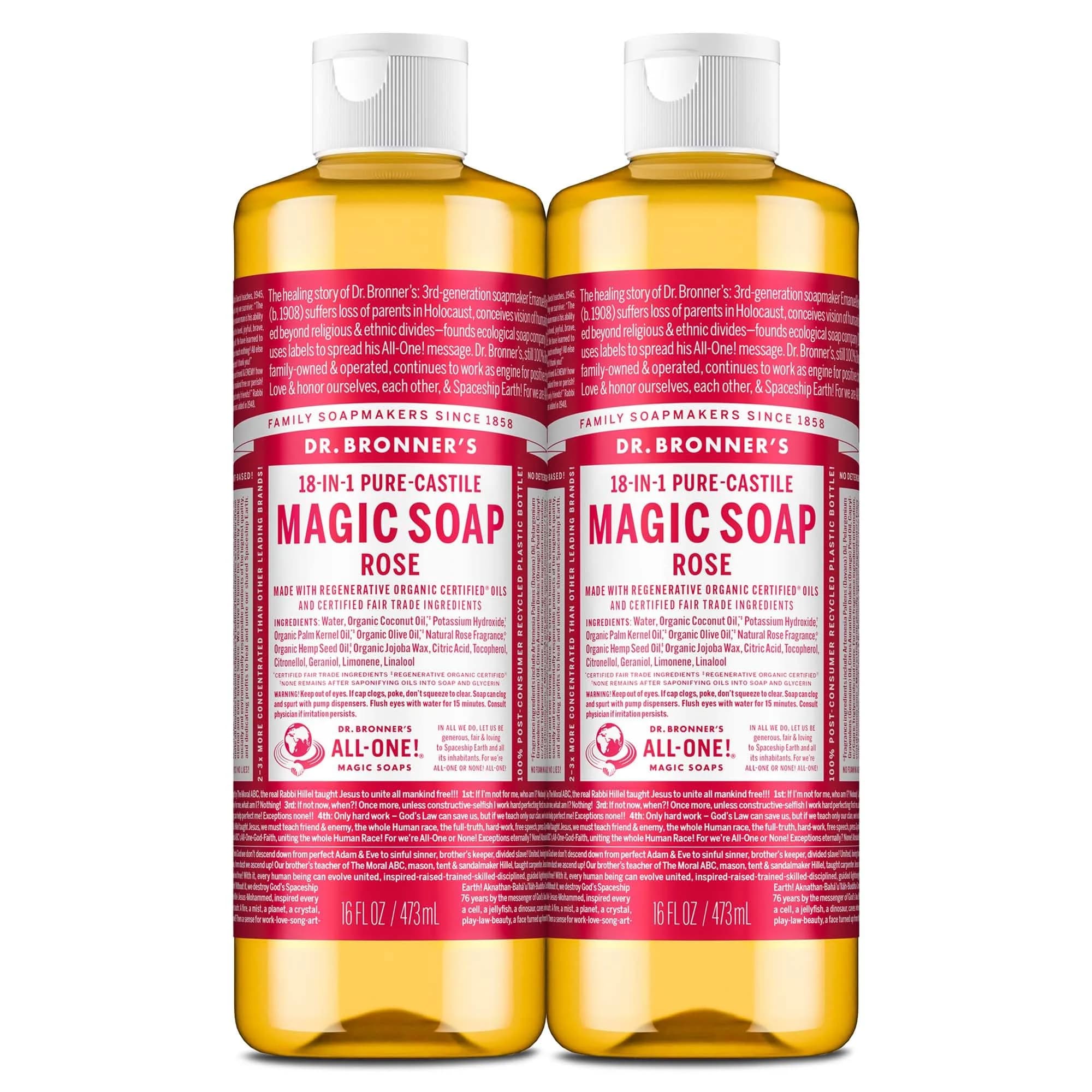 Dr. Bronner's Rose Pure-Castile Liquid Soap 16 oz | Versatile Organic Body Wash for All - main product image