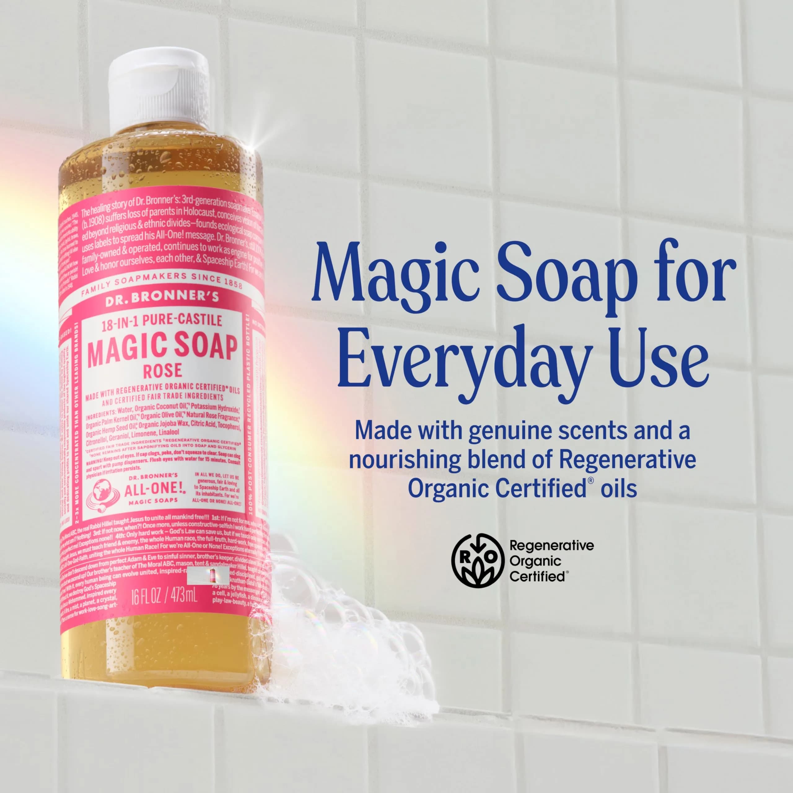 Dr. Bronner's Rose Pure-Castile Liquid Soap 16 oz | Versatile Organic Body Wash for All - view 2