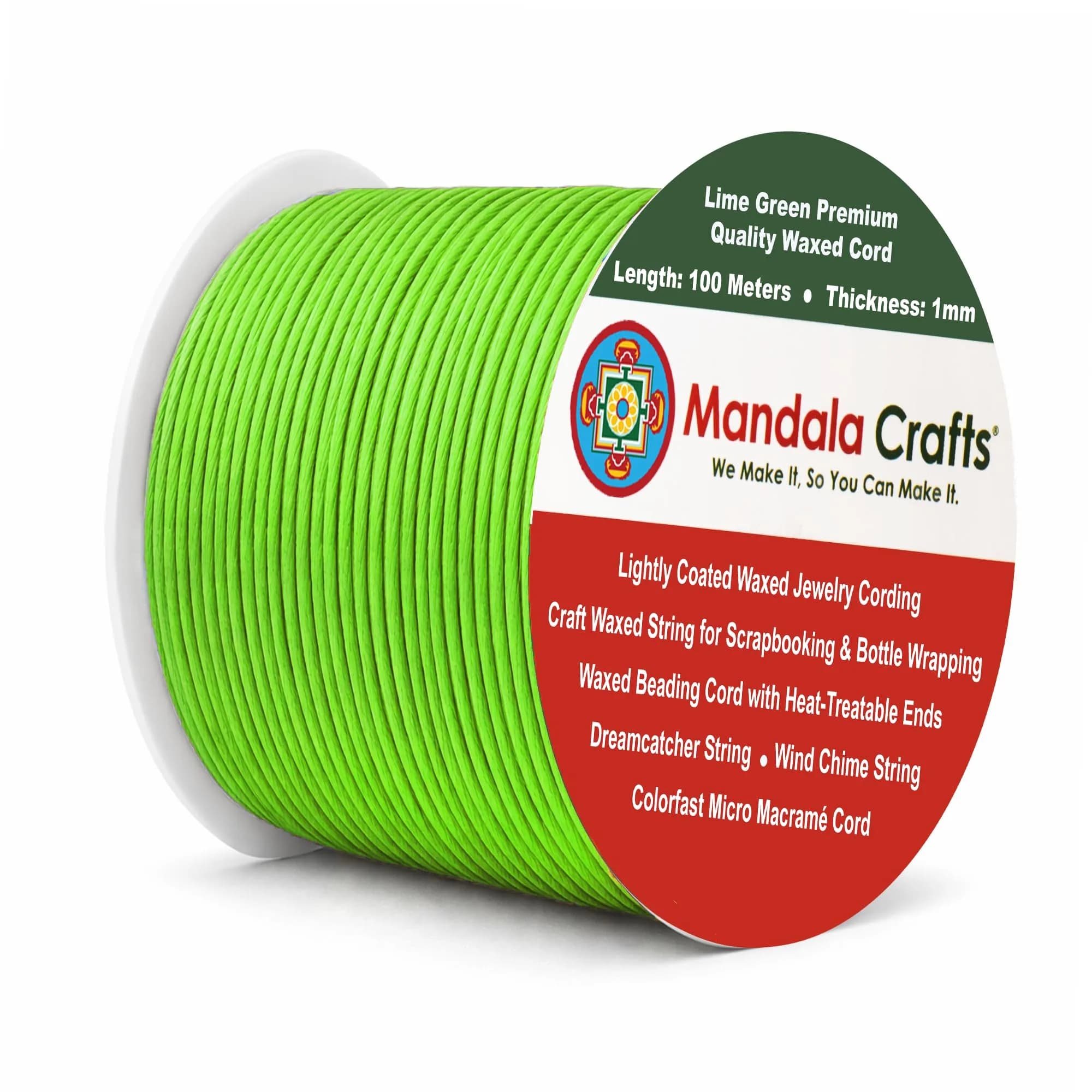 Mandala Crafts 1mm Lime Green Cotton Waxed Cord 327 ft (109 Yards) | Jewelry Making, Knotting, Accessory Assembly - main product image