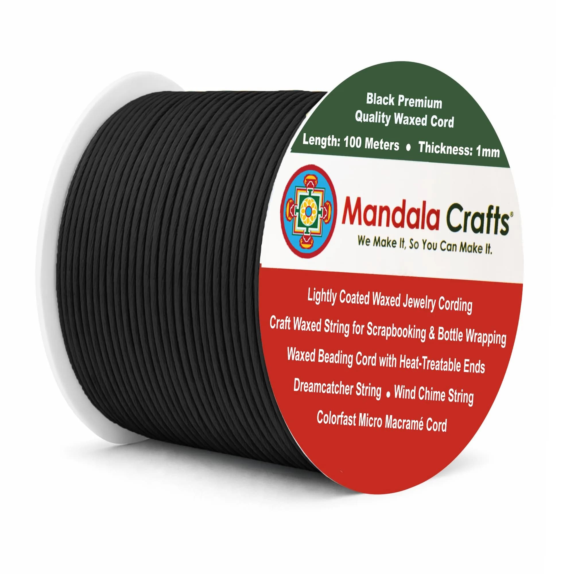 Mandala Crafts 1mm Lime Green Cotton Waxed Cord 327 ft (109 Yards) | Jewelry Making, Knotting, Accessory Assembly — Black / 1mm 109 Yards
