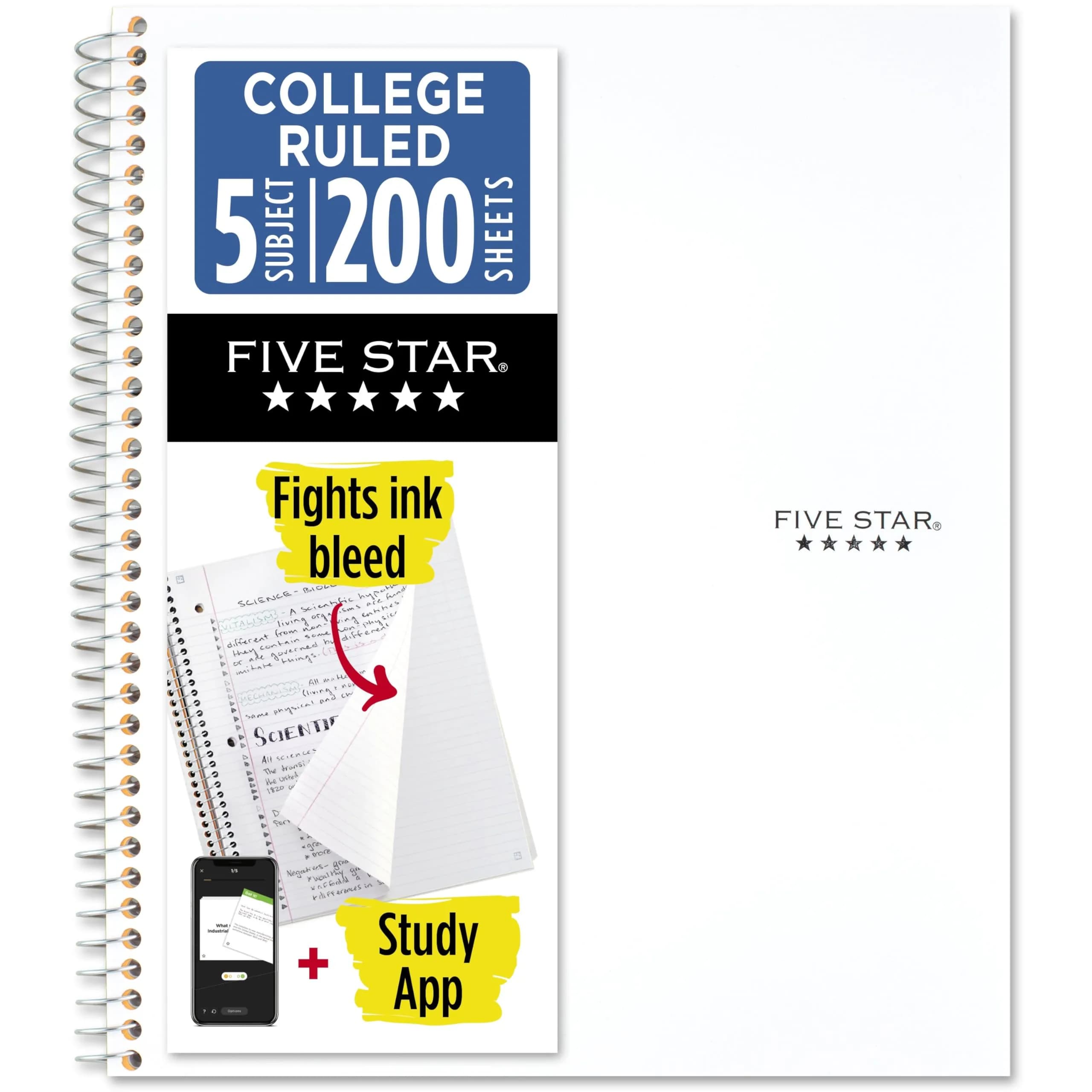 Five Star Spiral Notebook 8-1/2" x 11" 200 Sheets White | College Ruled Paper with Water Resistant Cover