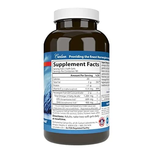 Carlson Super Omega-3 Gems, Pescatarian, 180 Softgels | 1200 mg Omega-3s EPA & DHA, Wild Caught Norwegian Fish Oil thumbnail 2