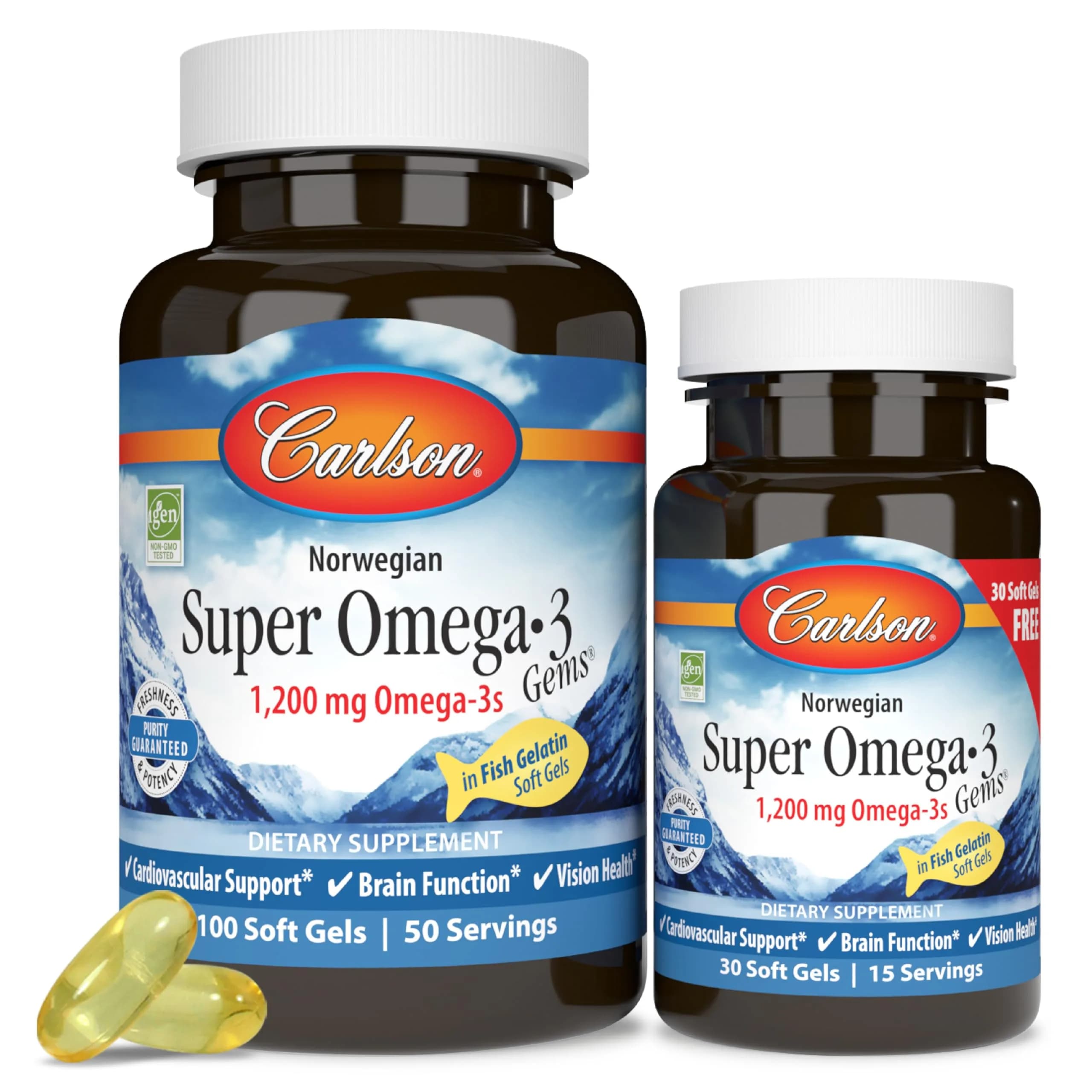 Carlson Super Omega-3 Gems 1200 mg | Pescatarian Fish Oil Softgels for Heart & Brain (100 + 30 Softgels) — W