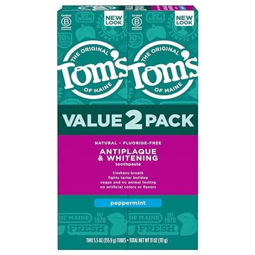 Tom's of Maine Antiplaque and Whitening Toothpaste, Peppermint, 2 x 156g (5.5 oz) | Fluoride-Free Natural Whitening thumbnail 1