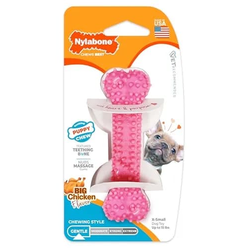 Nylabone Puppy Chew Pink Textured Teething Dog Bone, X-Small | Gentle Teething Relief for Puppies thumbnail 1