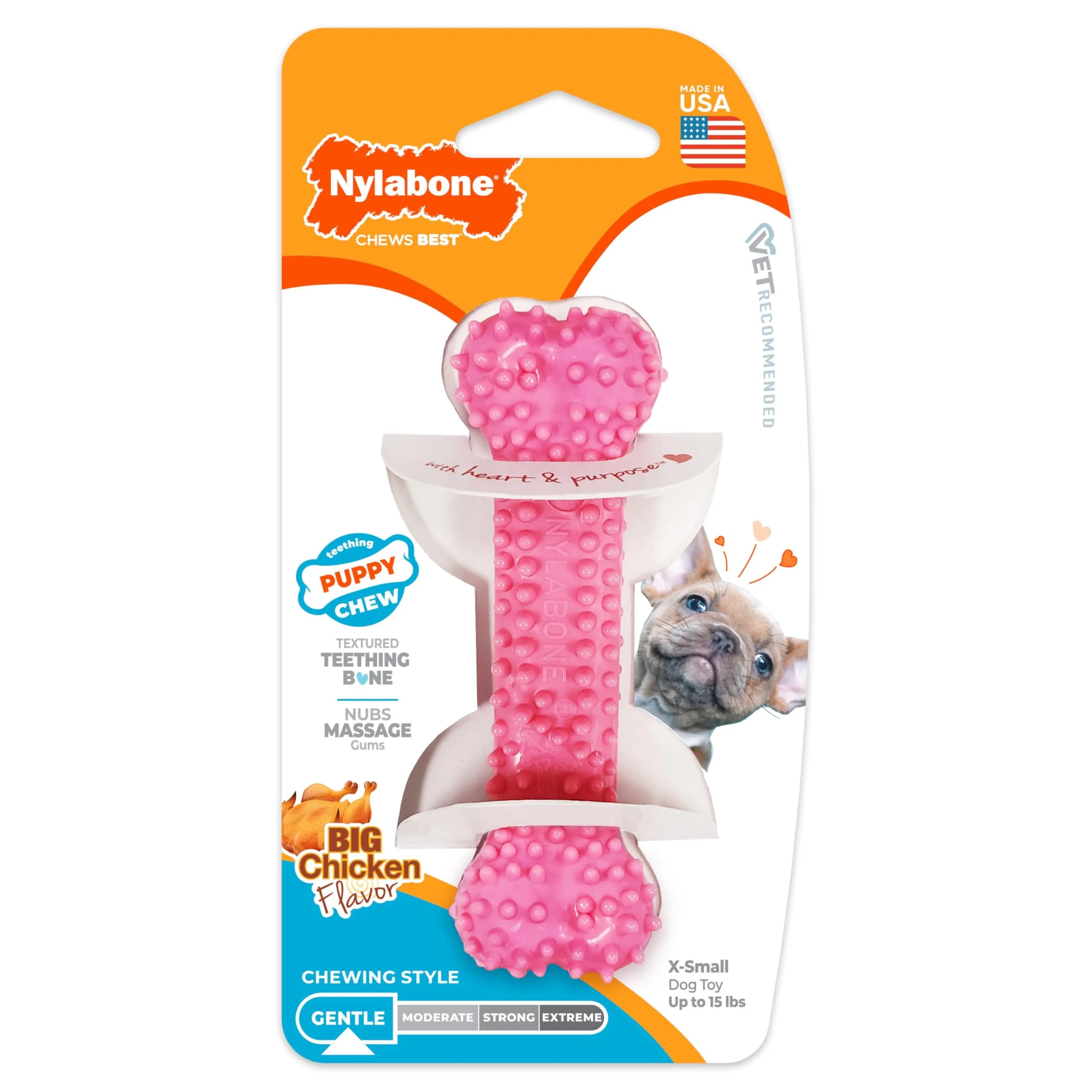 Nylabone Puppy Pacifier Chew Toy, Teething Toy for Puppies up to 25 lbs | Bacon Flavored, Soft Material, Textured Nubs — Pink