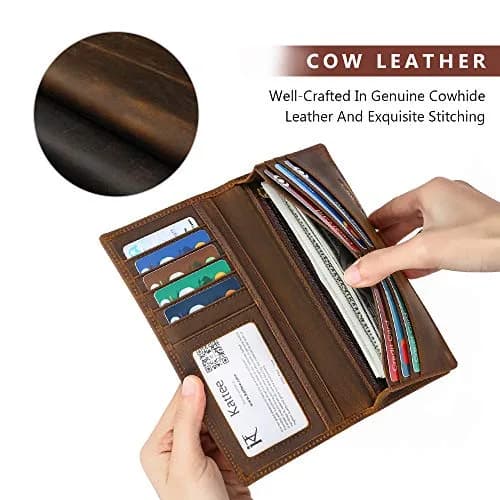 Kattee Men's Vintage Genuine Leather Long Wallet for Checkbook Credit Cards | Brown Bi-Fold (18.5cm x 9cm) thumbnail 6