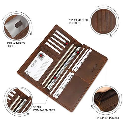 Kattee Men's Vintage Genuine Leather Long Wallet for Checkbook Credit Cards | Brown Bi-Fold (18.5cm x 9cm) thumbnail 5