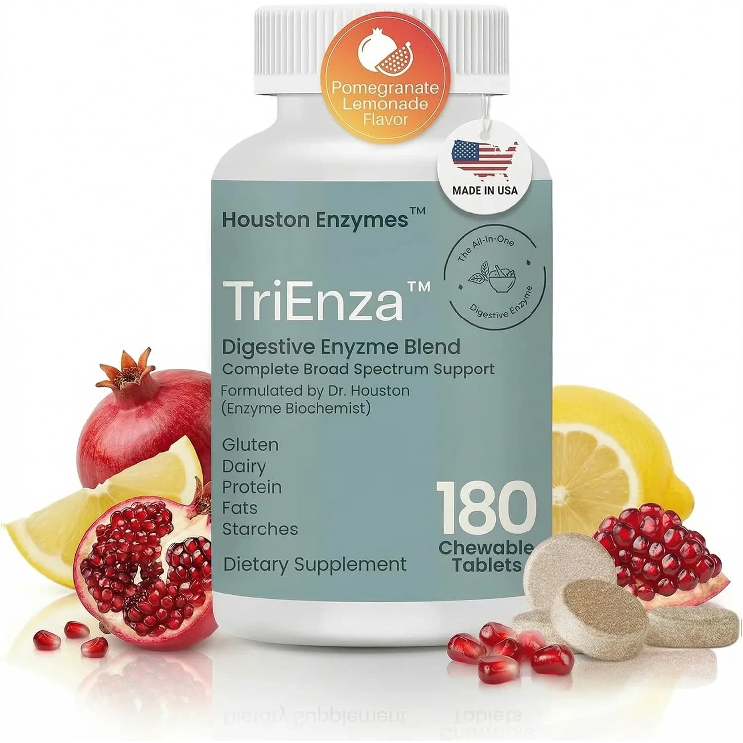 Houston Enzymes TriEnza Digestive Enzyme Supplement 60 Capsules | Supports Gluten, Casein, Soy Digestion — Chewable Tablets