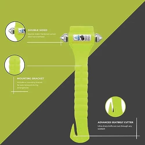 Lifehammer Car Safety Hammer with Seatbelt Cutter | Glow in Dark Emergency Escape Tool, Pack of 2 thumbnail 4
