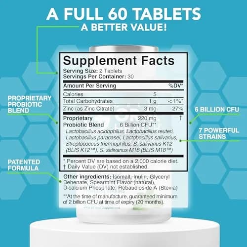 Great Oral Health Mint Oral Probiotics 60 Chewable Tablets | Dentist Formulated for Bad Breath & Gum Health thumbnail 2