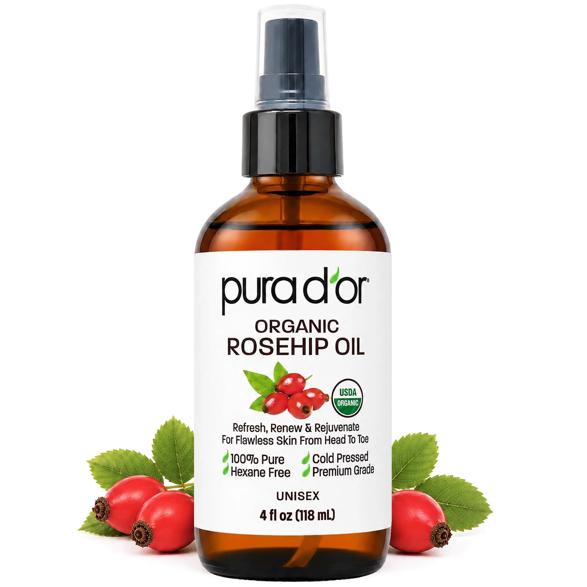 PURA D'OR Organic Rosehip Seed Oil 4 Fl Oz (118ml) | USDA Certified Pure Cold Pressed for Hair, Skin, Scalp — Rosehip Seed Oil