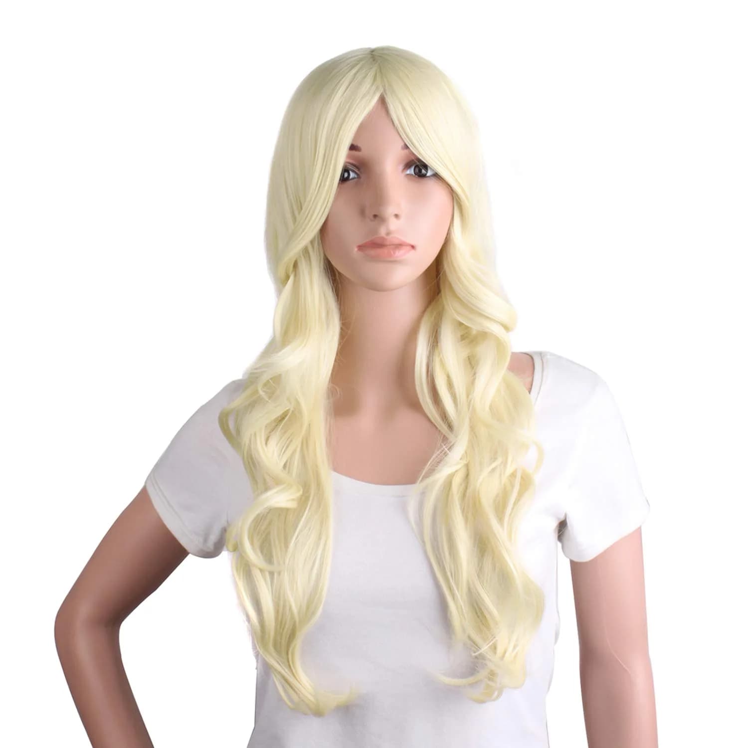 MapofBeauty 24 Inch Long Wavy Side Bangs Anime Cosplay Wig, Light Blonde | Heat Resistant Synthetic Fiber - main product image