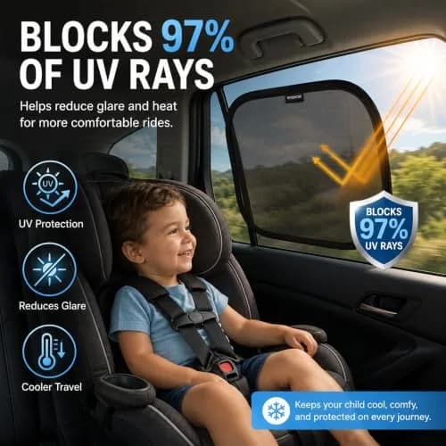 Enovoe Baby Car Window Shades for Baby - 4 Pack Medium 48cm x 30cm (19" x 12") | Cling Car Sun Shade for Windows thumbnail 2