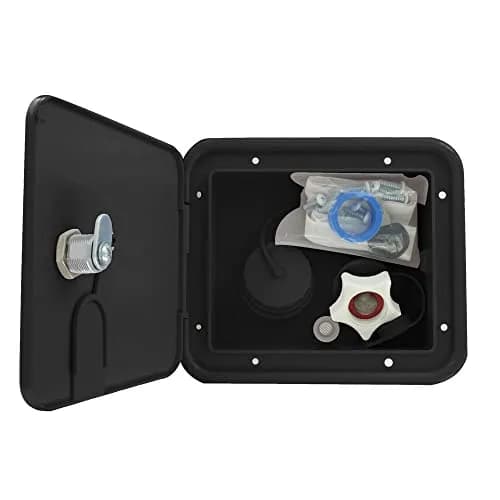 Valterra HOSE_PIPE_FITTING Black Gravity/Brass City Water Inlet Hatch | Lockable, 1/2" MPT & Barb, 7-5/8" OD thumbnail 1