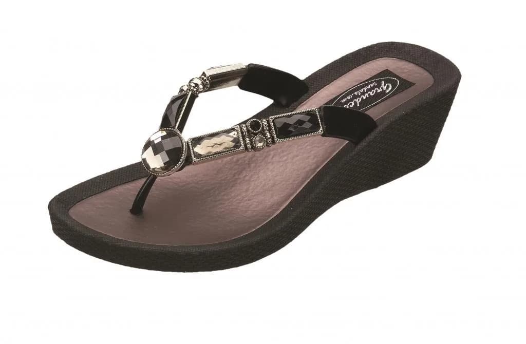 Grandco Black Bamboo 10 Wedge Thong | Beaded & Jeweled Summer Sandal with 2" Heel - main product image