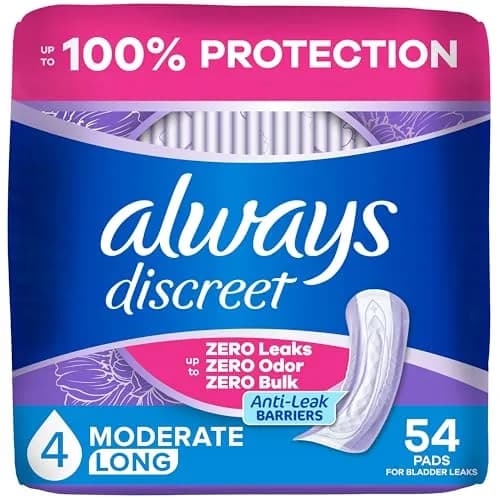 Always Discreet Adult Incontinence Pads for Women, Long Length, Moderate Absorbency, 54 Count | 100% Leak-Free Protection thumbnail 1