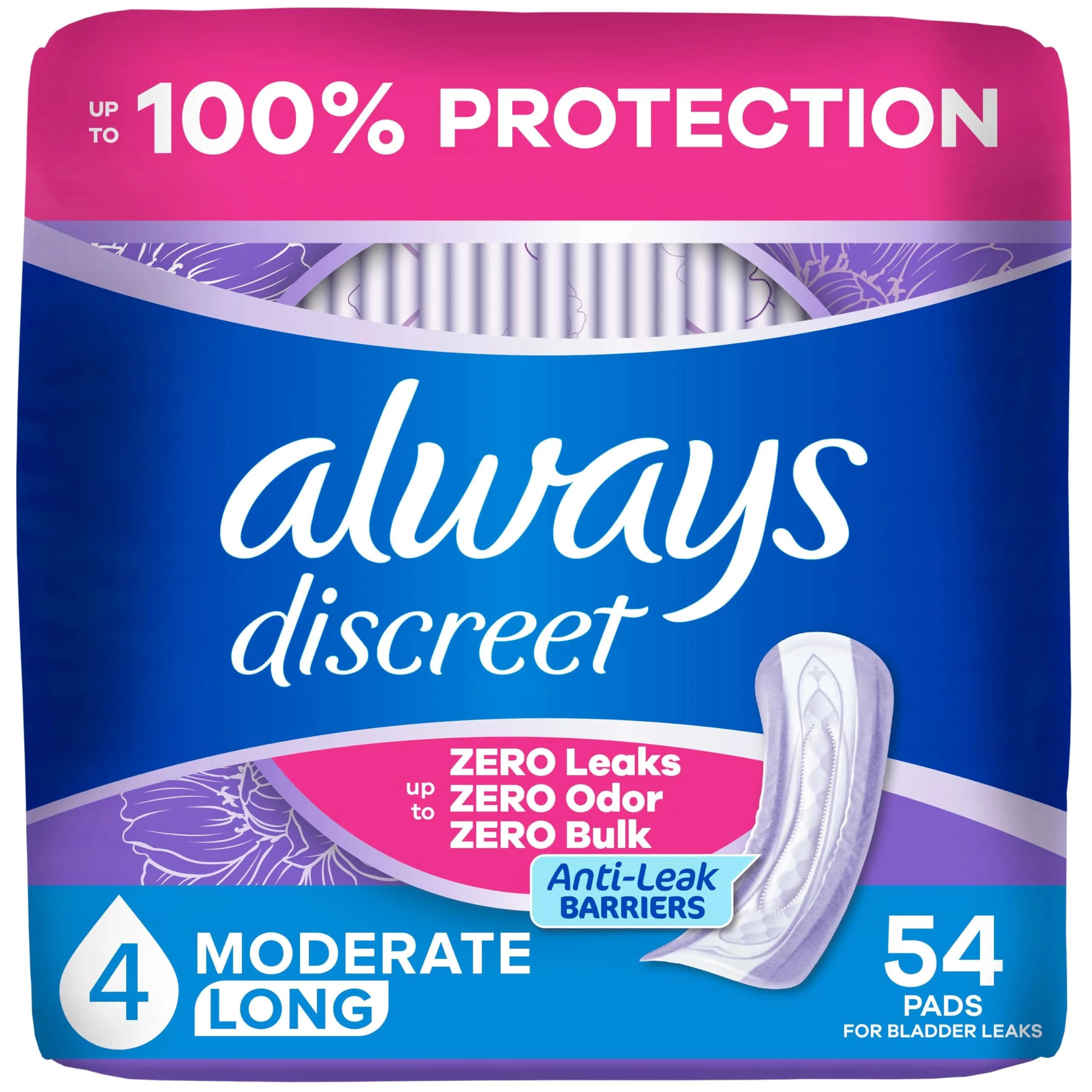 Always Discreet Adult Incontinence Pads for Women, Long Length, Moderate Absorbency, 54 Count | 100% Leak-Free Protection