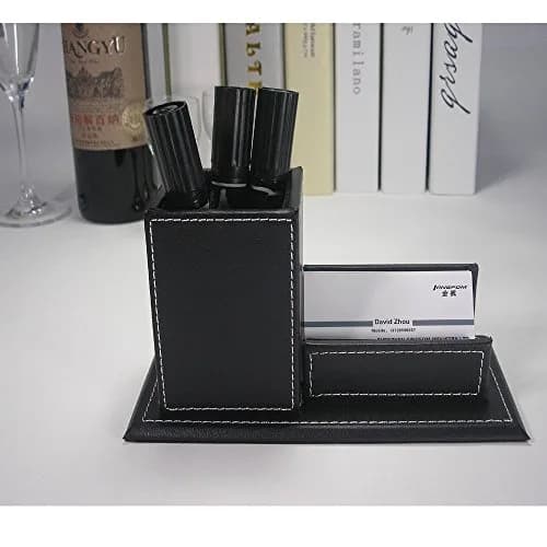 KINGFOM PU Leather Desk Organizer with Card Stand, Black | Holds 20 Pens & 60 Cards thumbnail 6