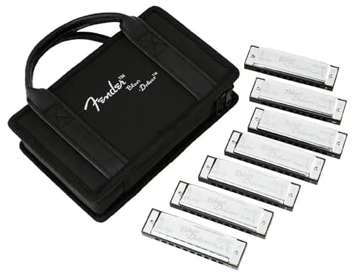 Fender Blues Deluxe Diatonic 10-Hole Harmonica Set with Case, Pack of 7 | Classic Tone for Blues, Folk, Country thumbnail 1