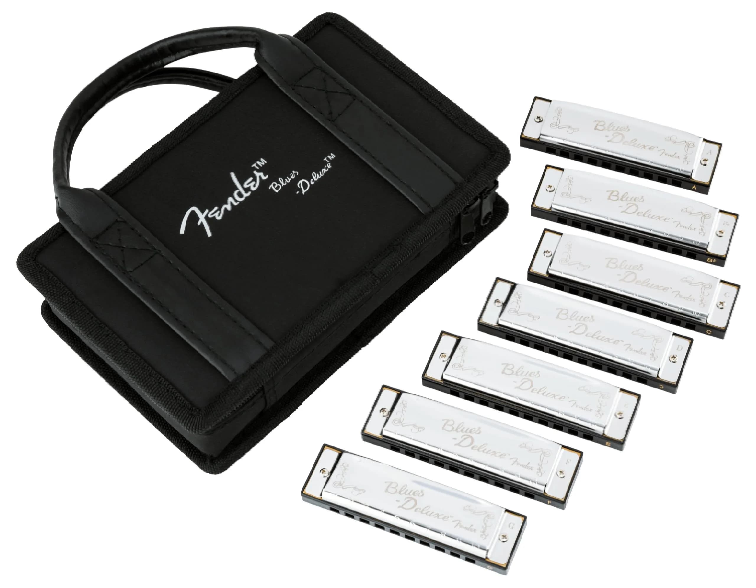 Fender Blues Deluxe Diatonic 10-Hole Harmonica Set with Case, Pack of 7 | Classic Tone for Blues, Folk, Country