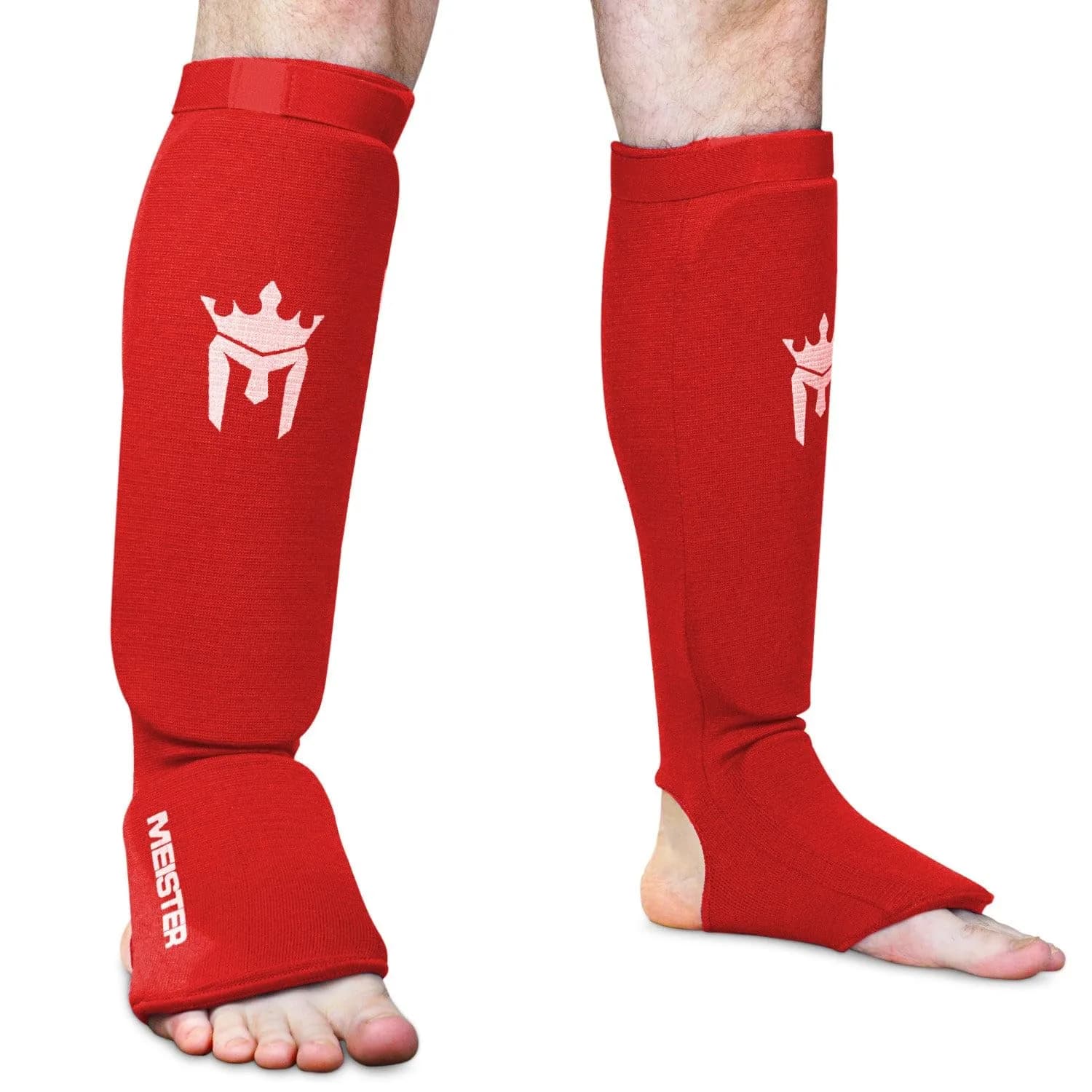 Meister MMA Elastic Cloth Shin & Instep Guards - Black - Youth/X-Small | Impact Protection for Muay Thai & MMA — Red
